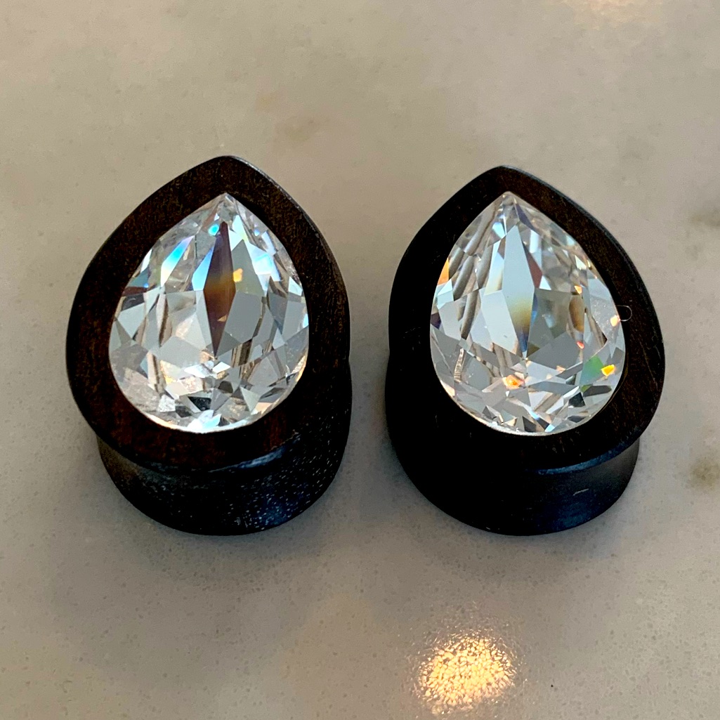 Brilliant Clear Gem Inlay Teardrop Ebony Wood Plugs 34